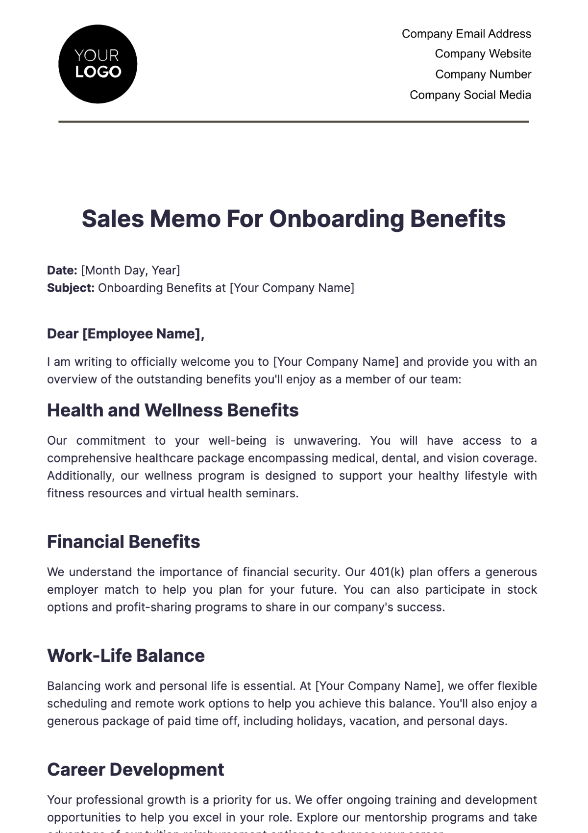 Sales Memo for Onboarding Benefits Template - Edit Online & Download