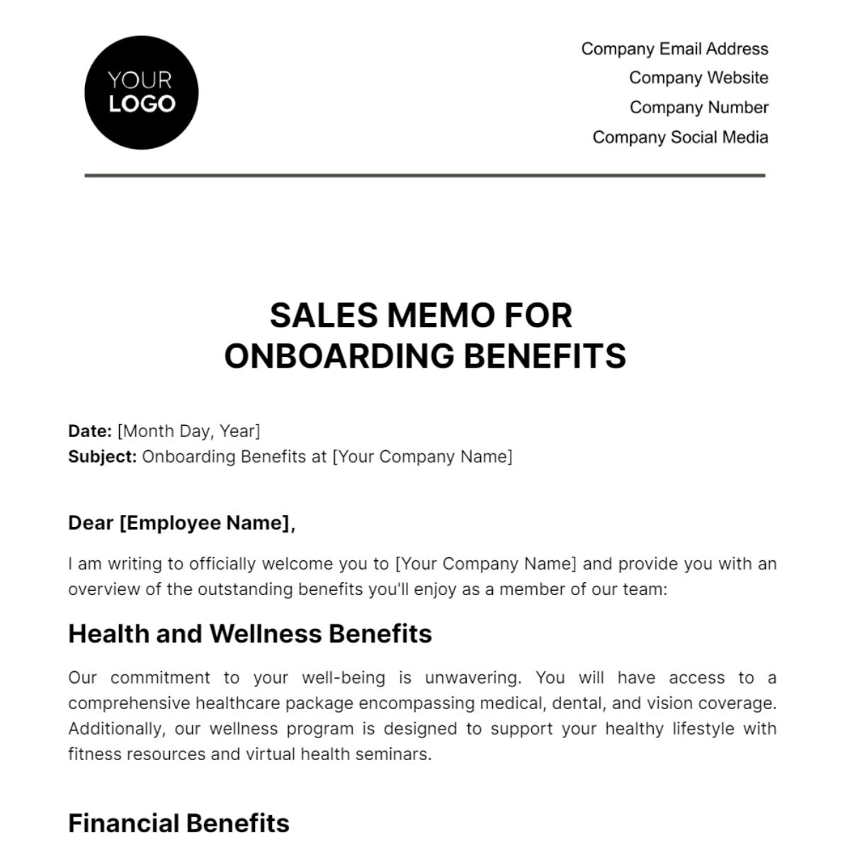 Sales Memo for Onboarding Benefits Template