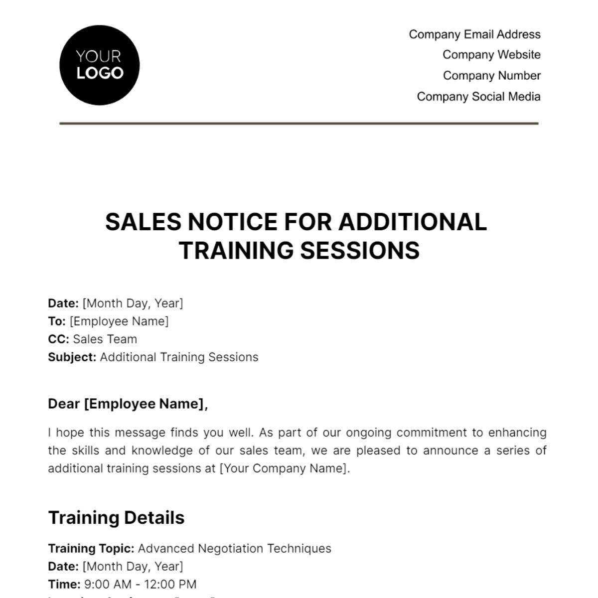 Free Sales Notice for Additional Training Sessions Template