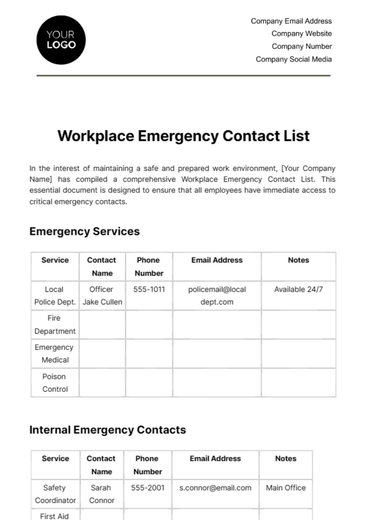 Workplace Emergency Contact List Template