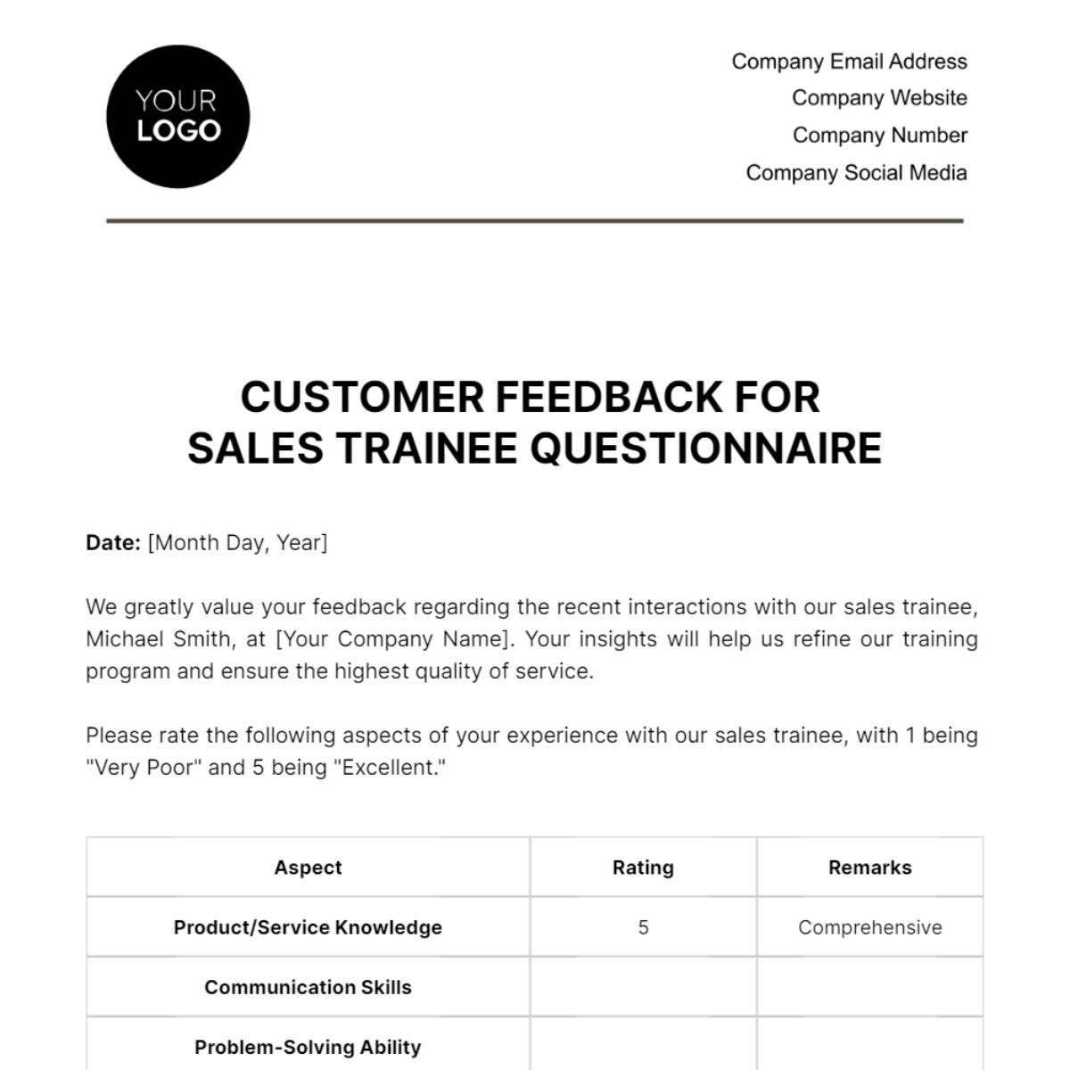 Customer Feedback for Sales Trainee Questionnaire Template