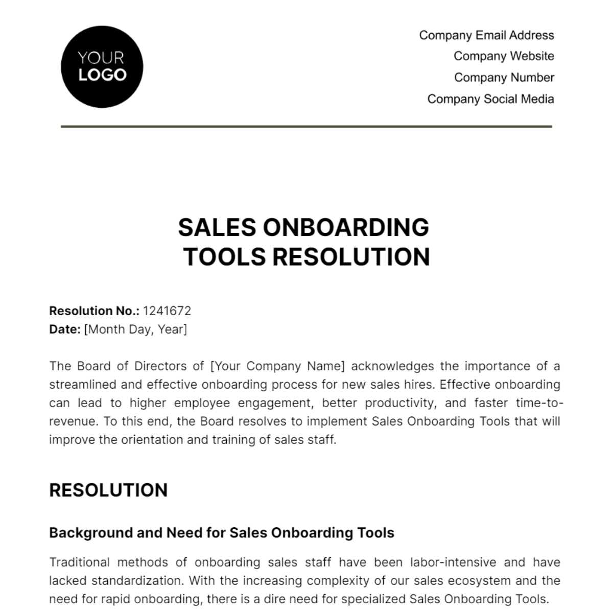 Sales Onboarding Tools Resolution Template
