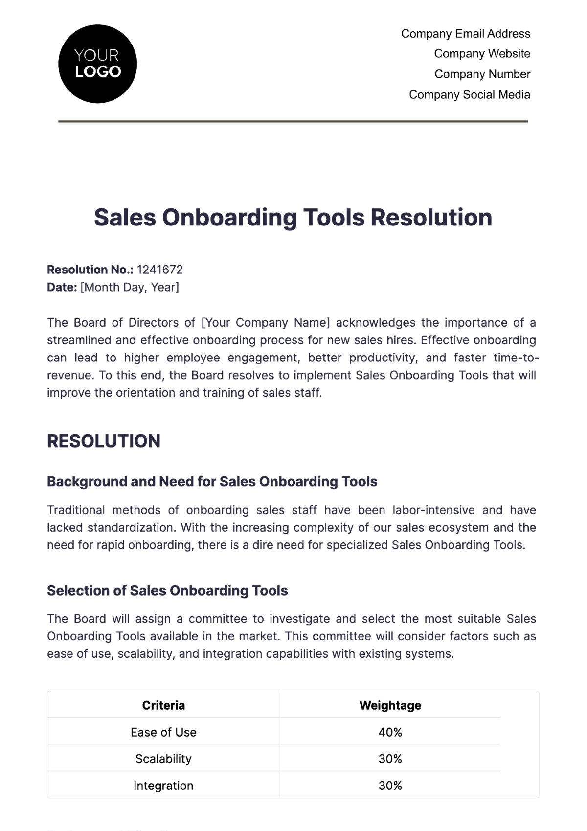 Sales Onboarding Tools Resolution Template - Edit Online & Download