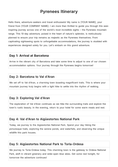 Free Pyrenees Itinerary Template to Edit Online