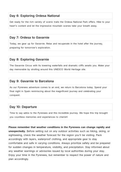 Free Pyrenees Itinerary Template to Edit Online