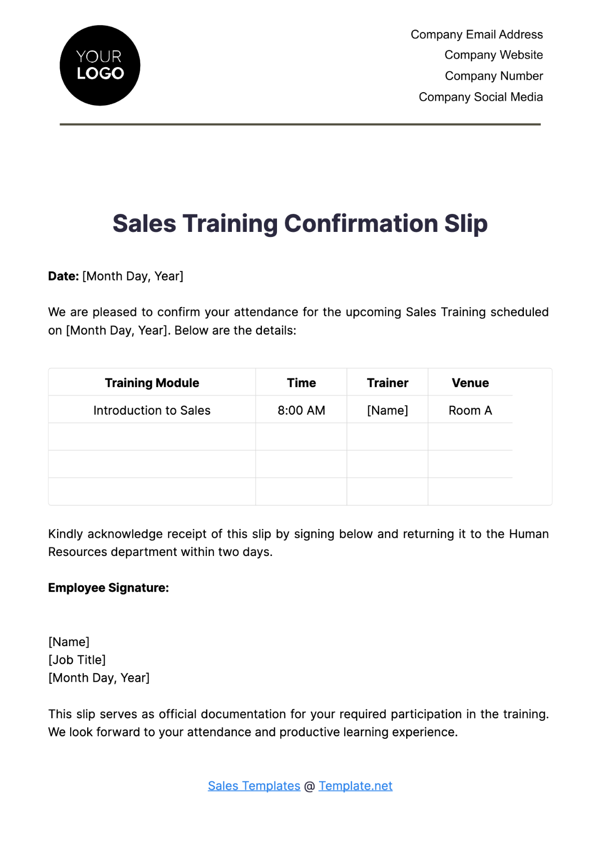 Sales Training Confirmation Slip Template - Edit Online & Download