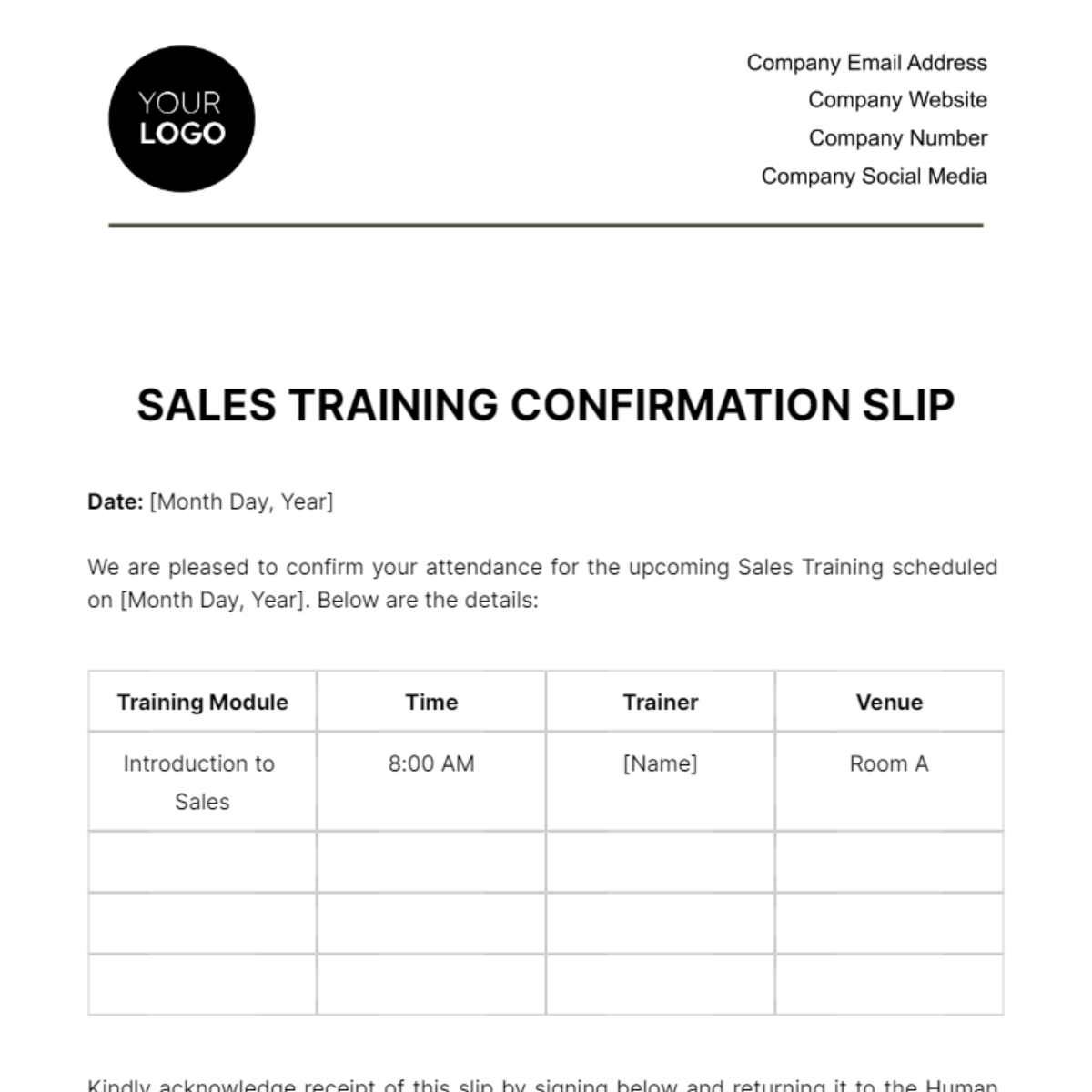 Sales Training Confirmation Slip Template
