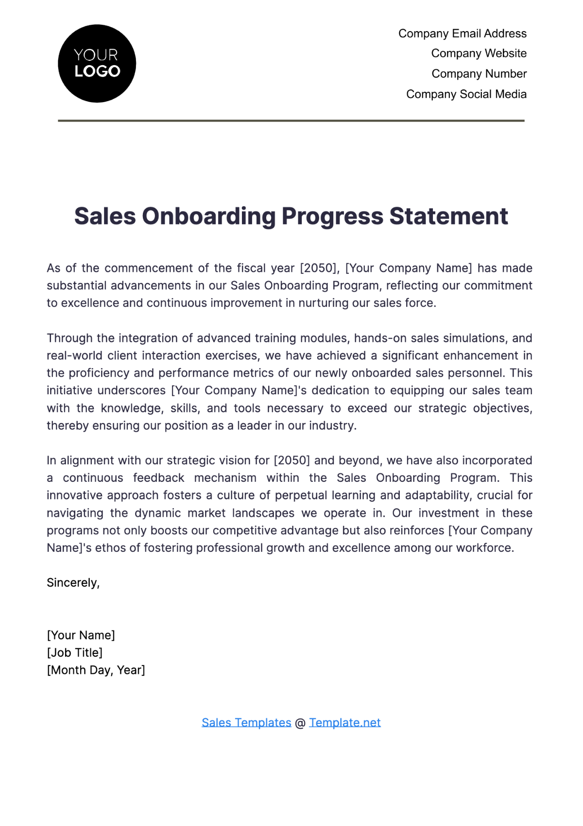 Sales Onboarding Progress Statement Template - Edit Online & Download