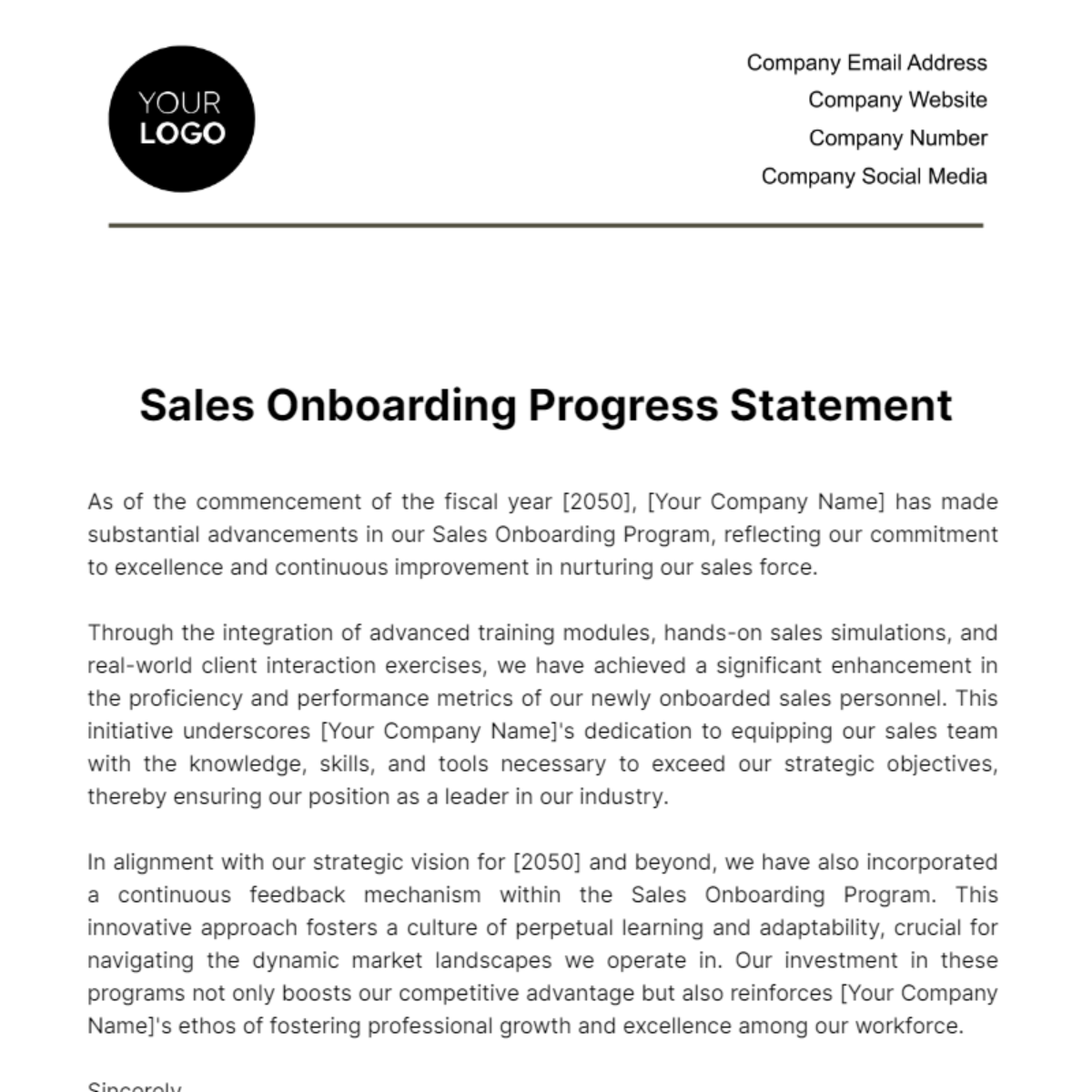 Sales Onboarding Progress Statement Template