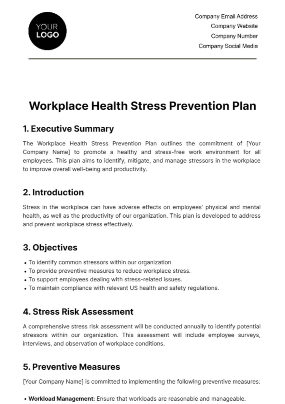 Free Workplace Health Stress Prevention Plan Template