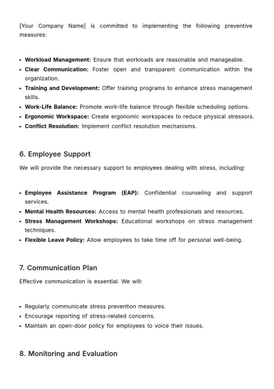 Free Workplace Health Stress Prevention Plan Template to Edit Online