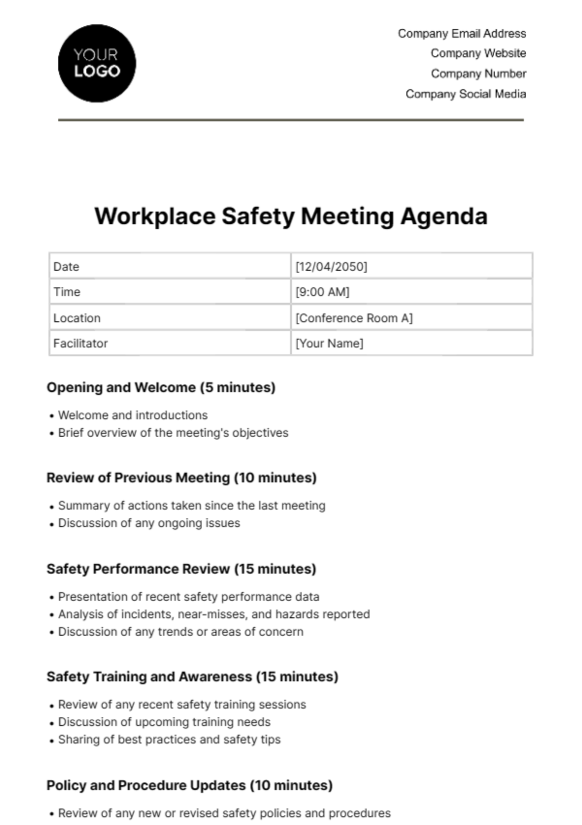 Free Workplace Safety Meeting Agenda Template