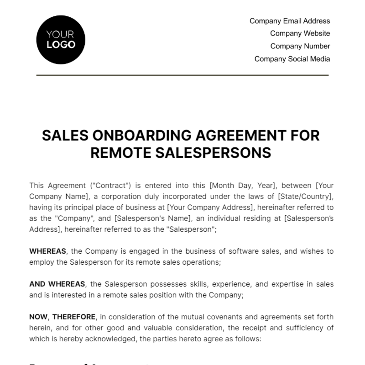 Sales Onboarding Agreement for Remote Salespersons Template