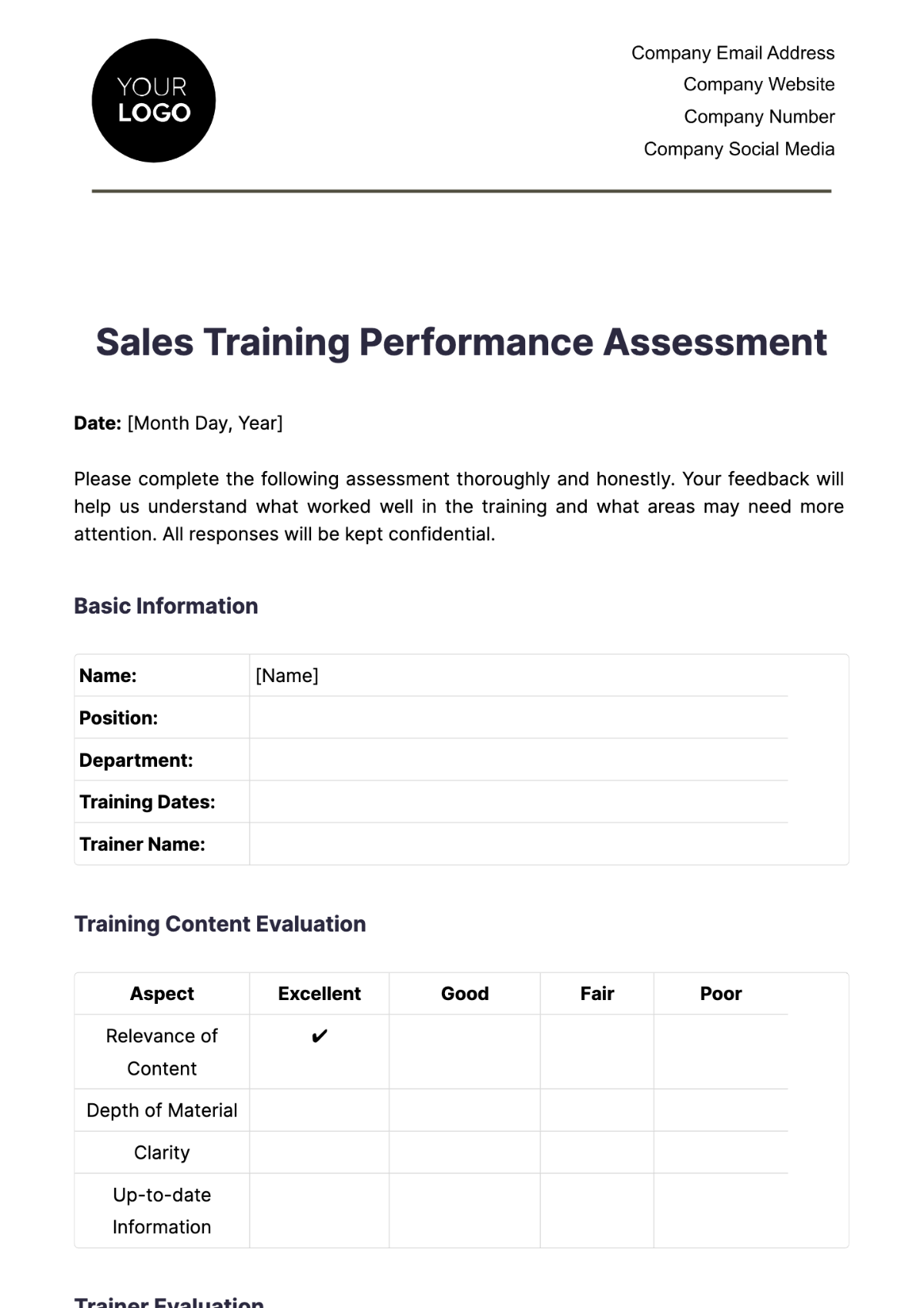 Sales Training Performance Assessment Template - Edit Online & Download