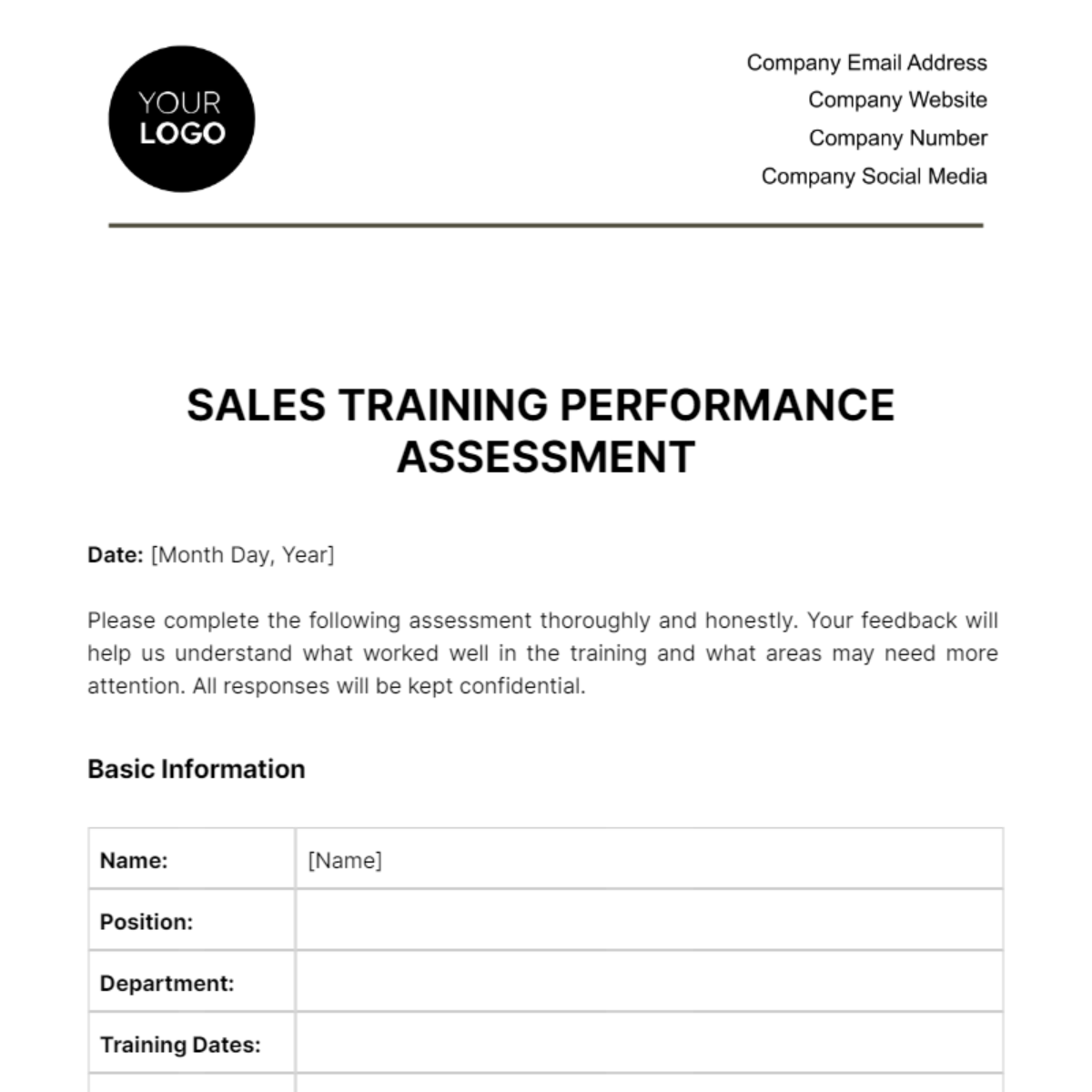 Sales Training Performance Assessment Template