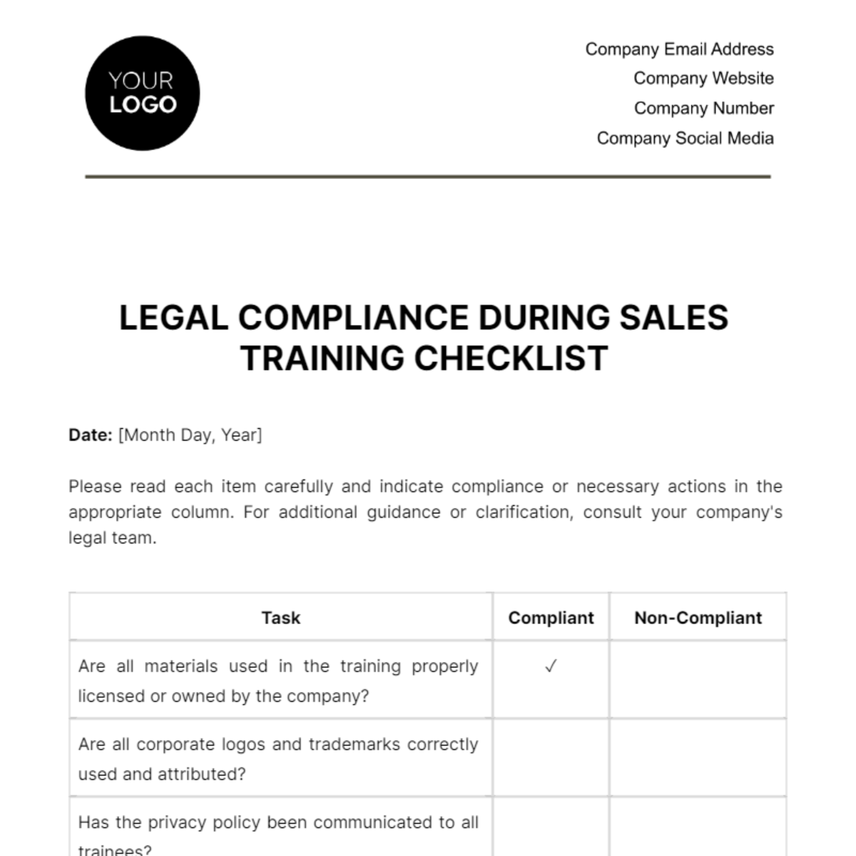 Legal Compliance During Sales Training Checklist Template