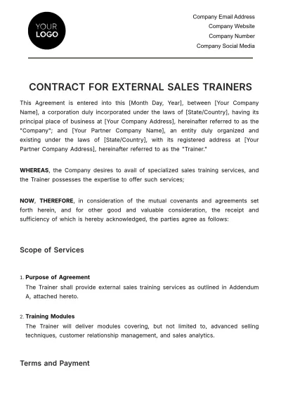 Free Contract for External Sales Trainers Template to Edit Online