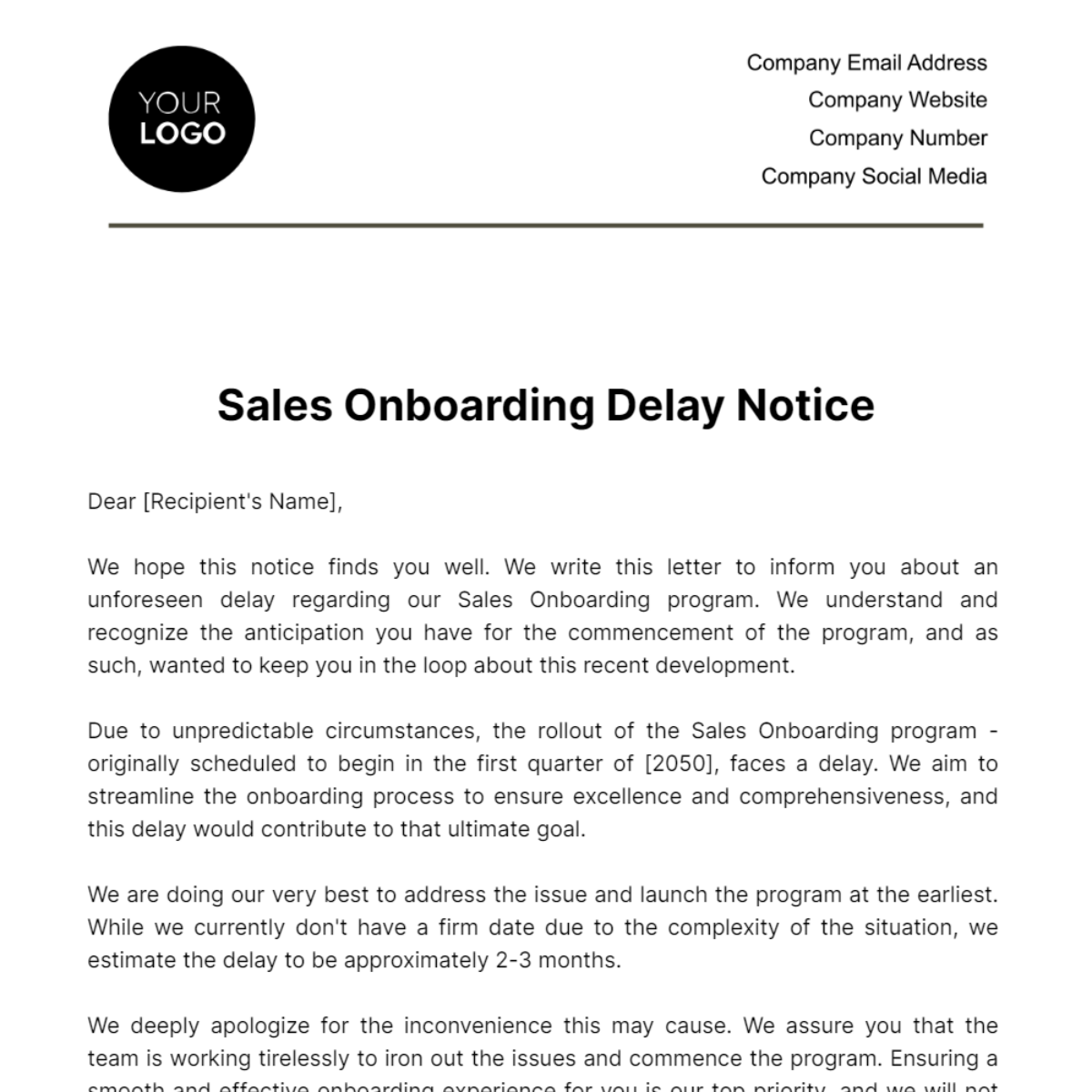 Sales Onboarding Delay Notice Template