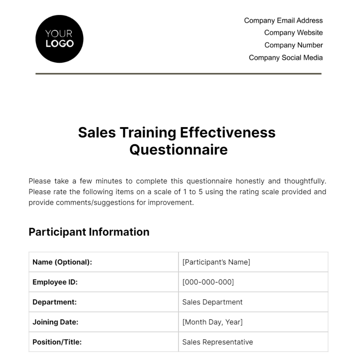 Sales Training Effectiveness Questionnaire Template