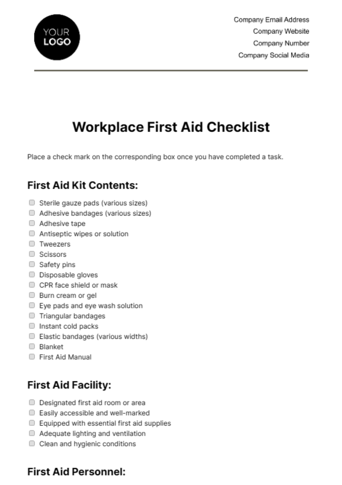 Free Workplace First Aid Checklist Template