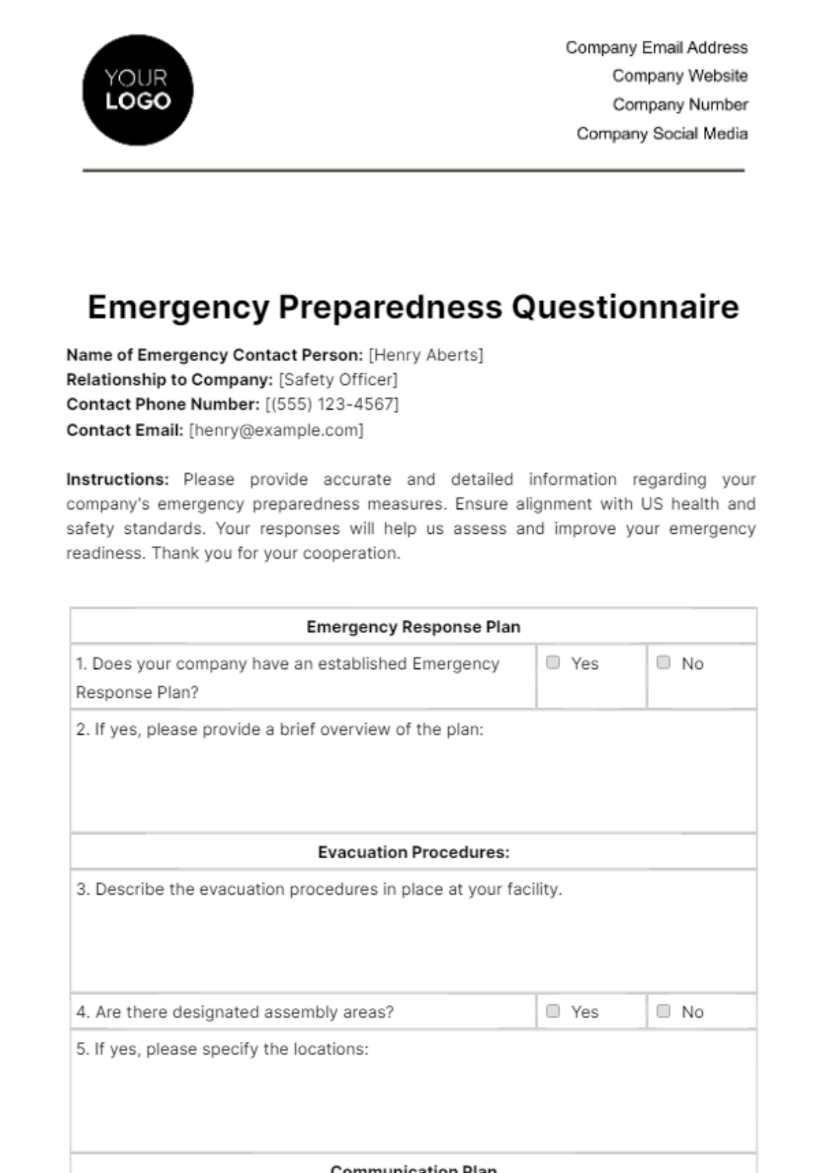 Emergency Preparedness Questionnaire Template