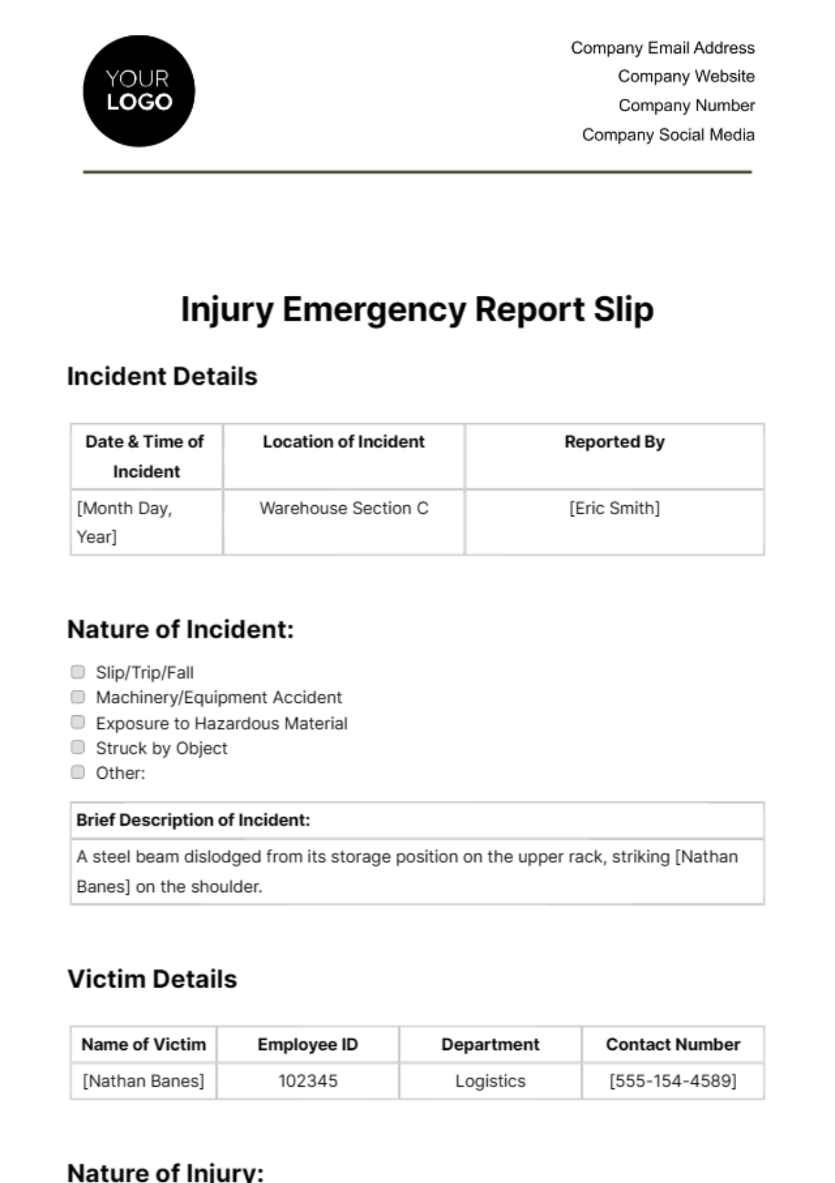 Injury Emergency Report Slip Template