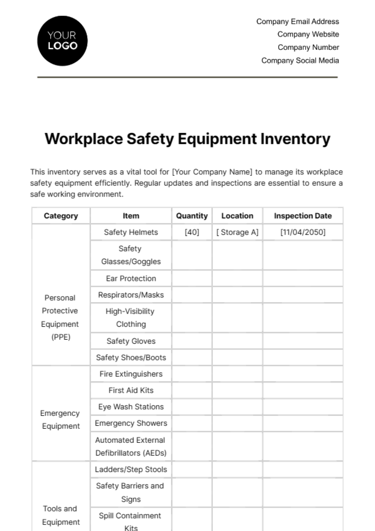 Workplace Safety Equipment Inventory Template