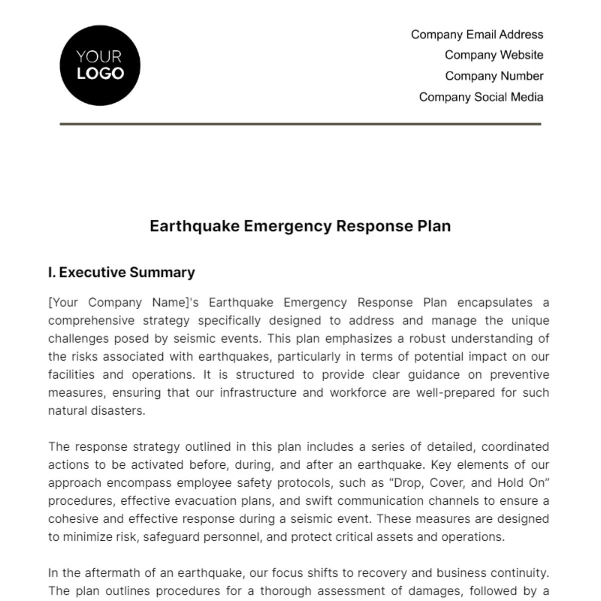 Earthquake Emergency Response Plan Template - Edit Online & Download ...