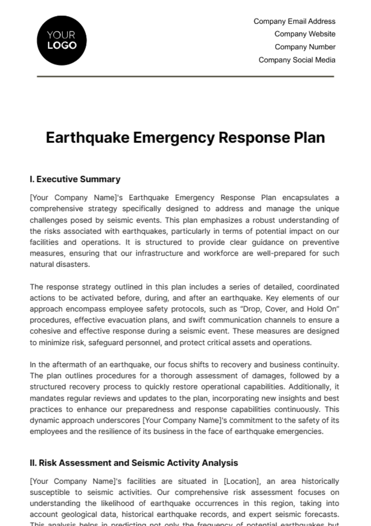 Free Earthquake Emergency Response Plan Template