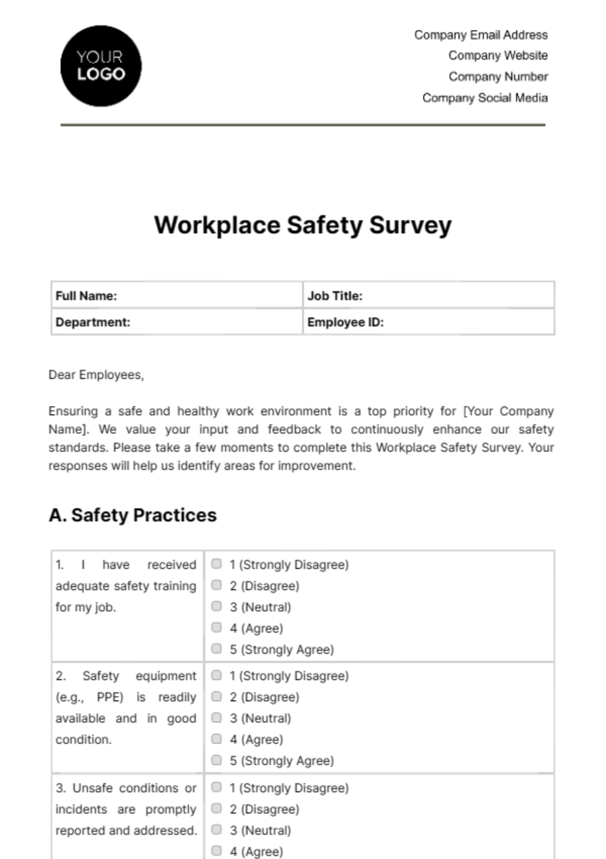 Free Workplace Safety Survey Template