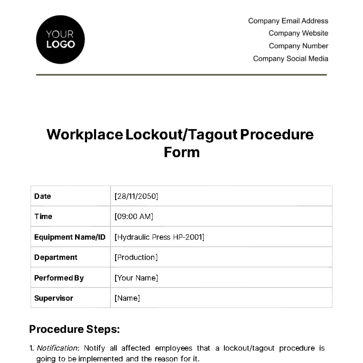 Workplace Lockout/Tagout Procedure Form Template - Edit Online ...