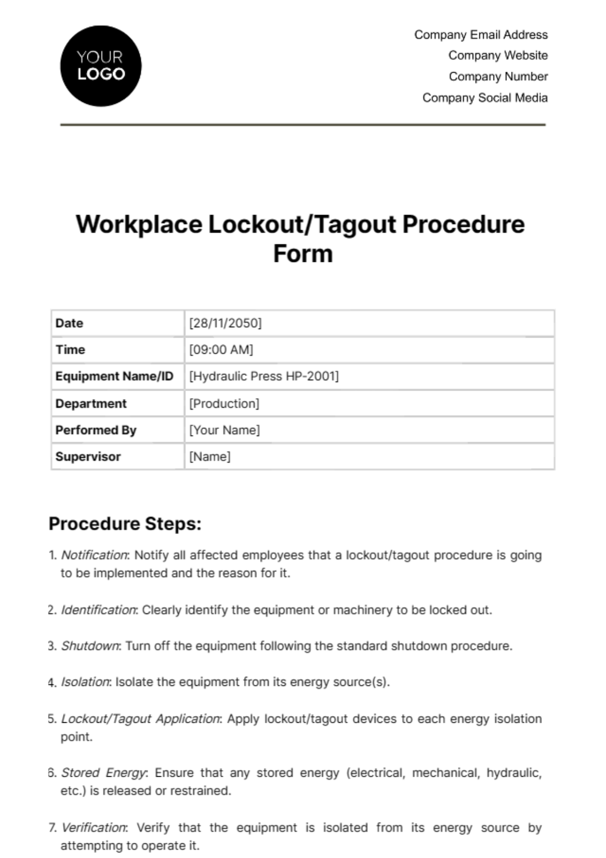 Workplace Lockout/Tagout Procedure Form Template - Edit Online & Download