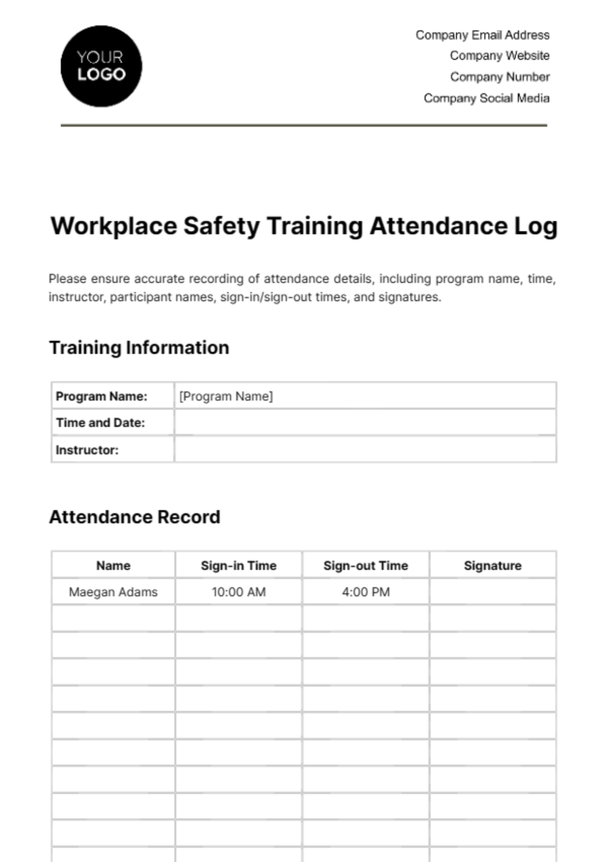 Workplace Safety Training Attendance Log Template