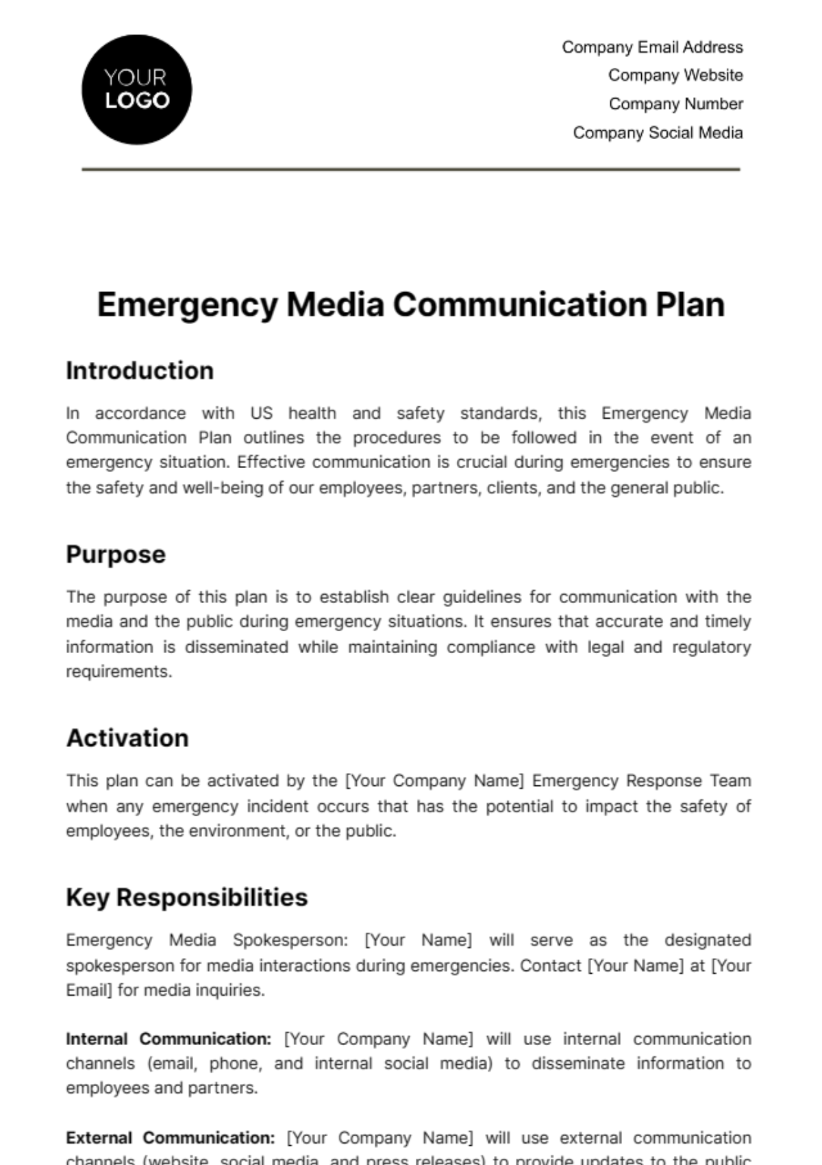 Emergency Media Communication Plan Template - Edit Online & Download