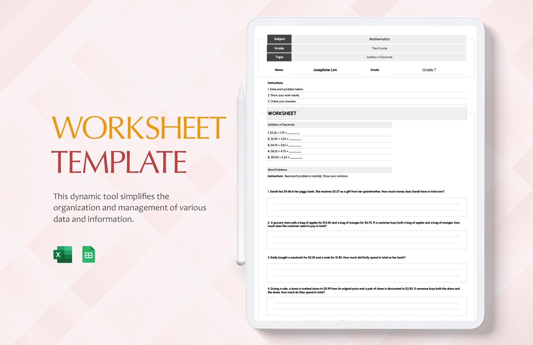 Free Worksheet Template in Excel, Google Sheets