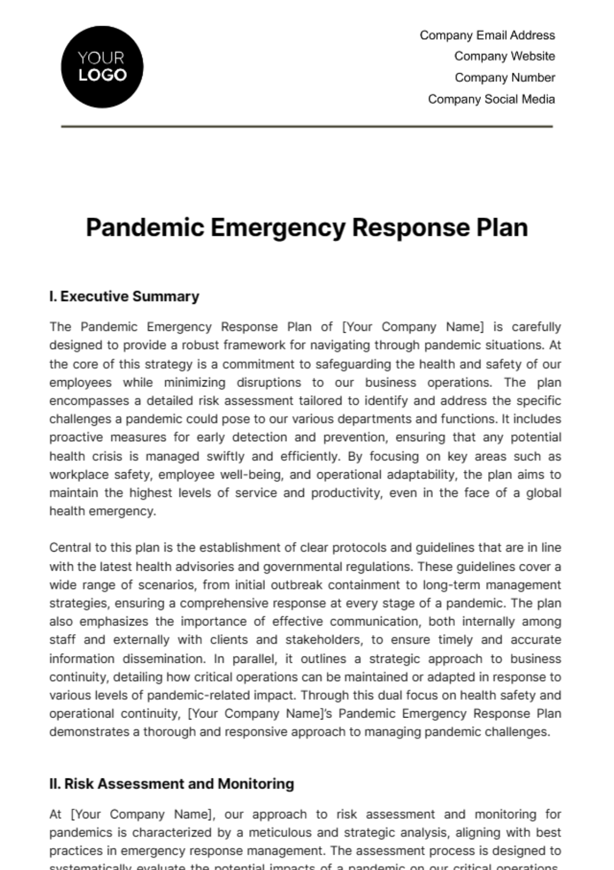 Free Pandemic Emergency Response Plan Template