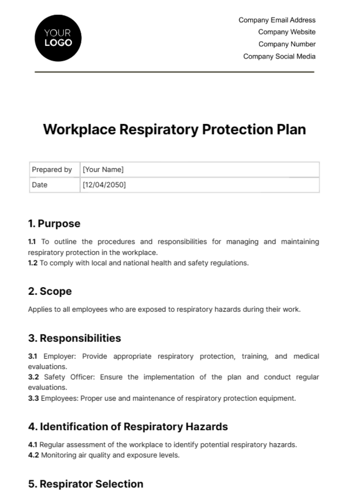Free Workplace Respiratory Protection Plan Template