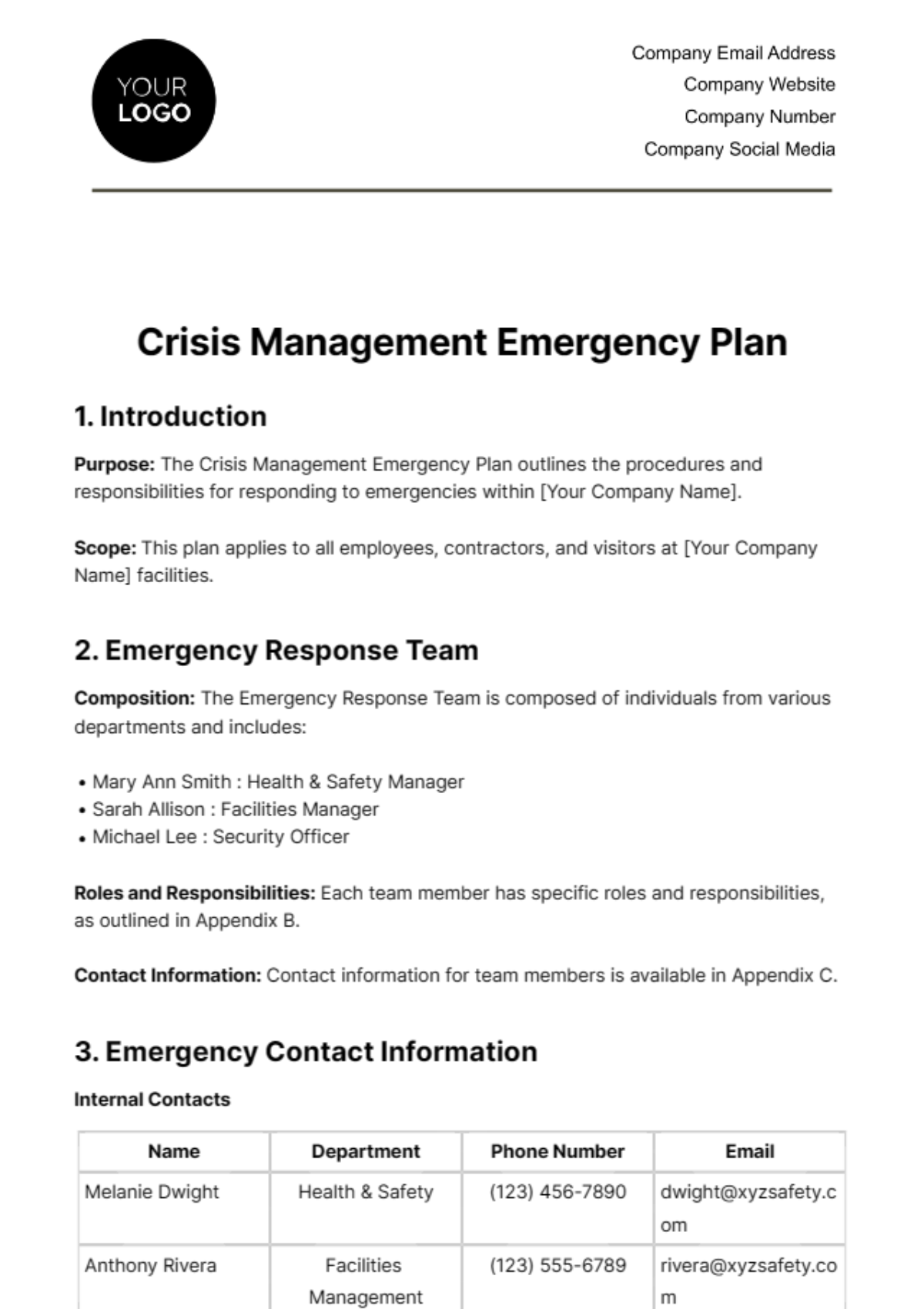 Crisis Management Emergency Plan Template