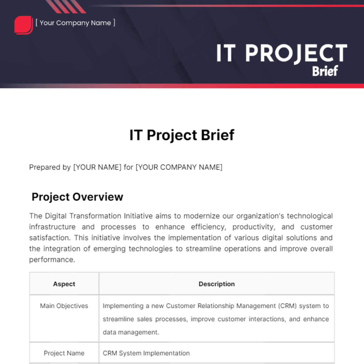 IT Project Brief Template - Edit Online & Download