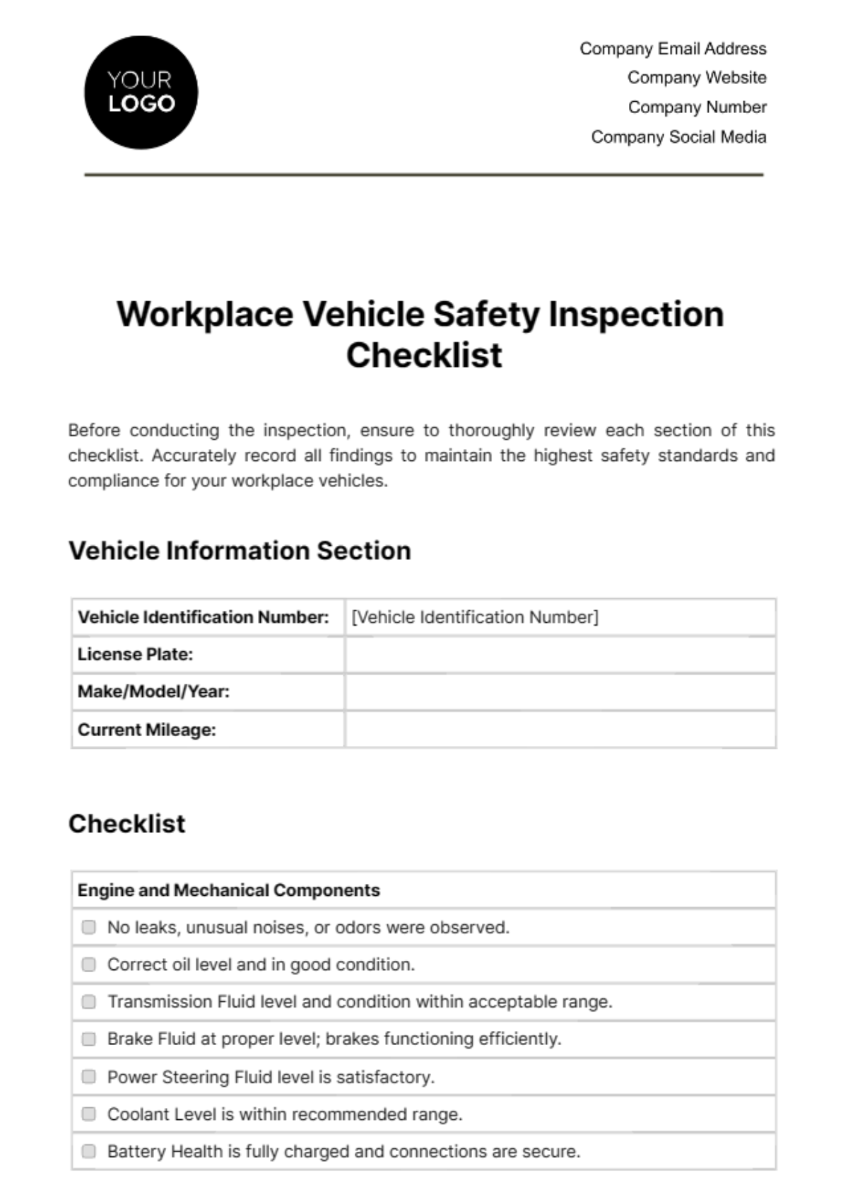 Free Workplace Vehicle Safety Inspection Checklist Template