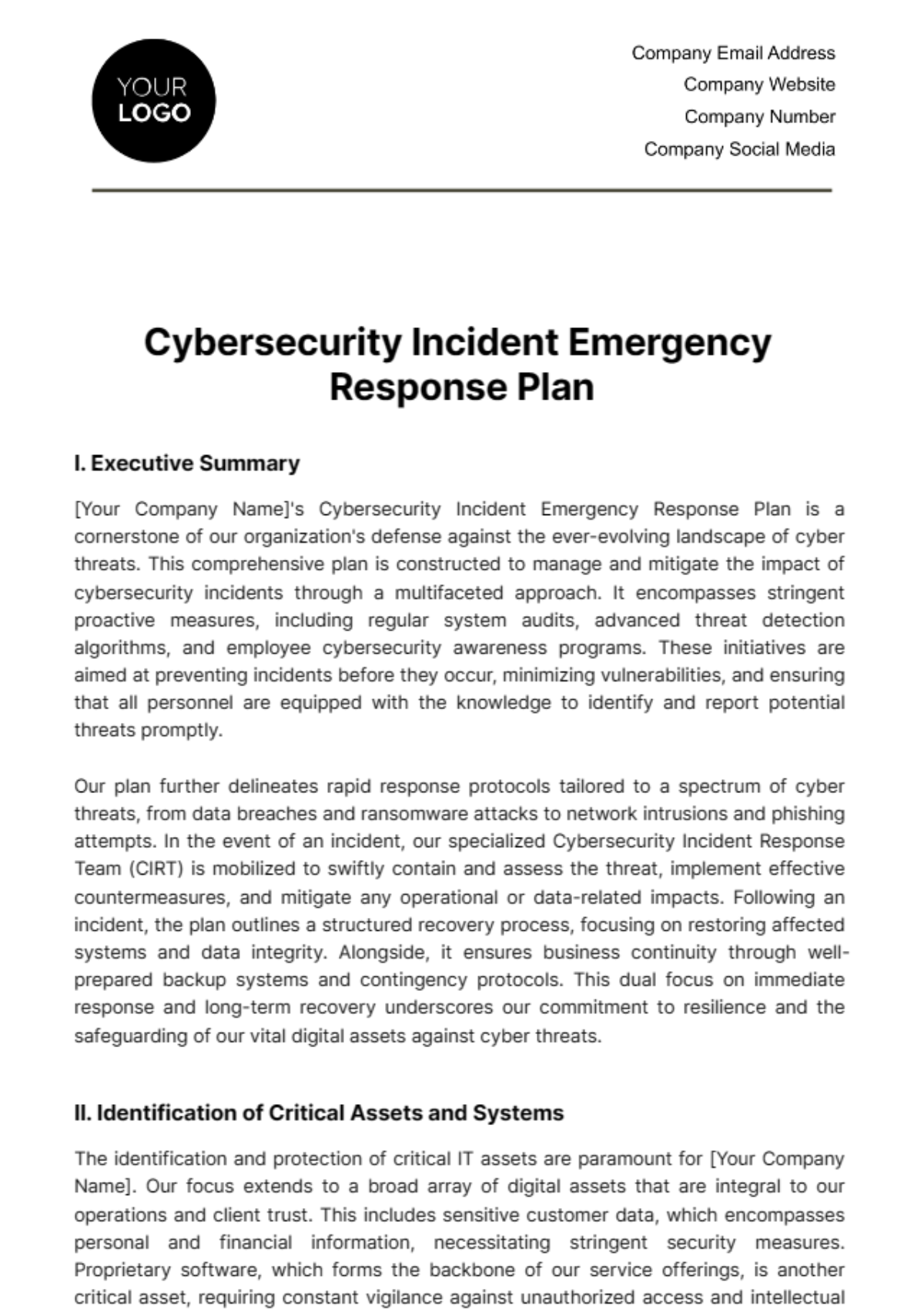 Free Cybersecurity Incident Emergency Response Plan Template