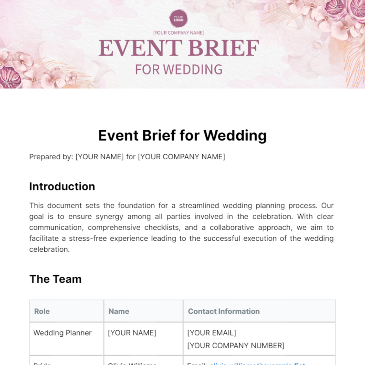 Sample Event Brief for Wedding Template - Edit Online & Download