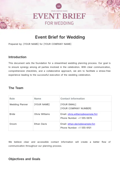 Free Sample Event Brief for Wedding Template to Edit Online
