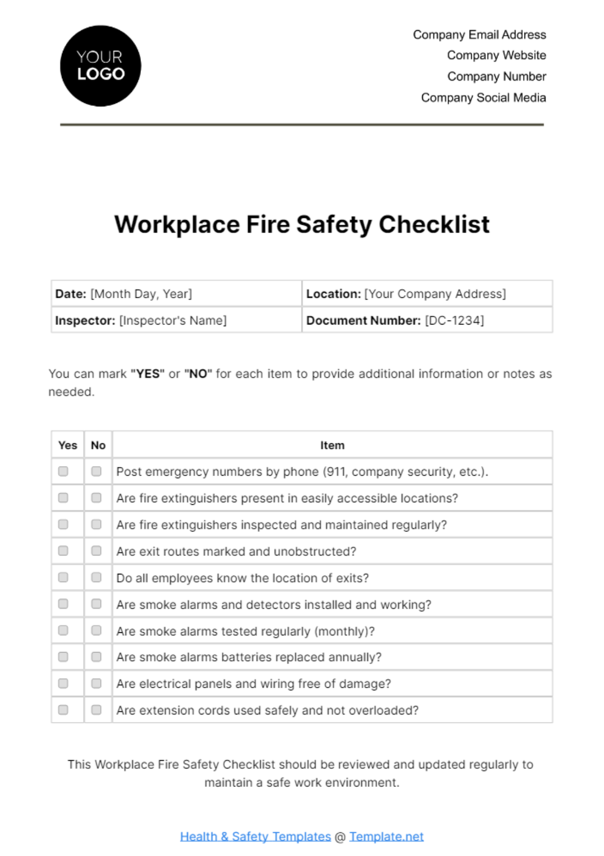 Free Workplace Fire Safety Checklist Template