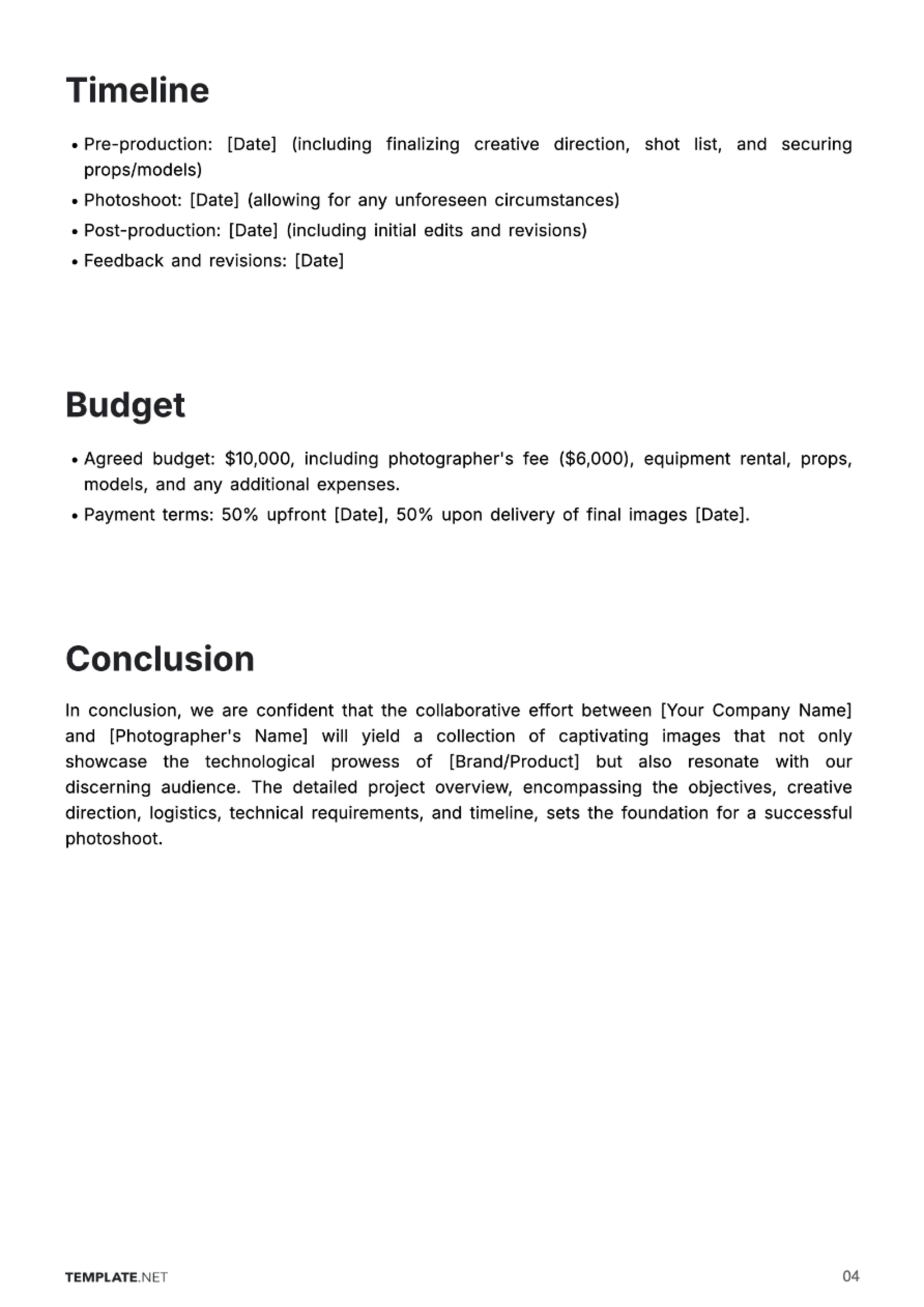 Free Photoshoot Brief Template to Edit Online