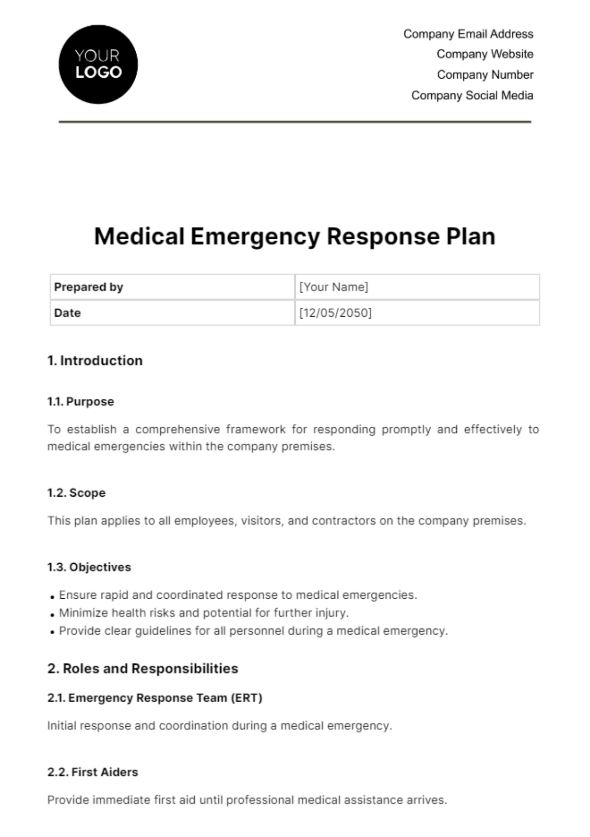 Medical Emergency Response Plan Template
