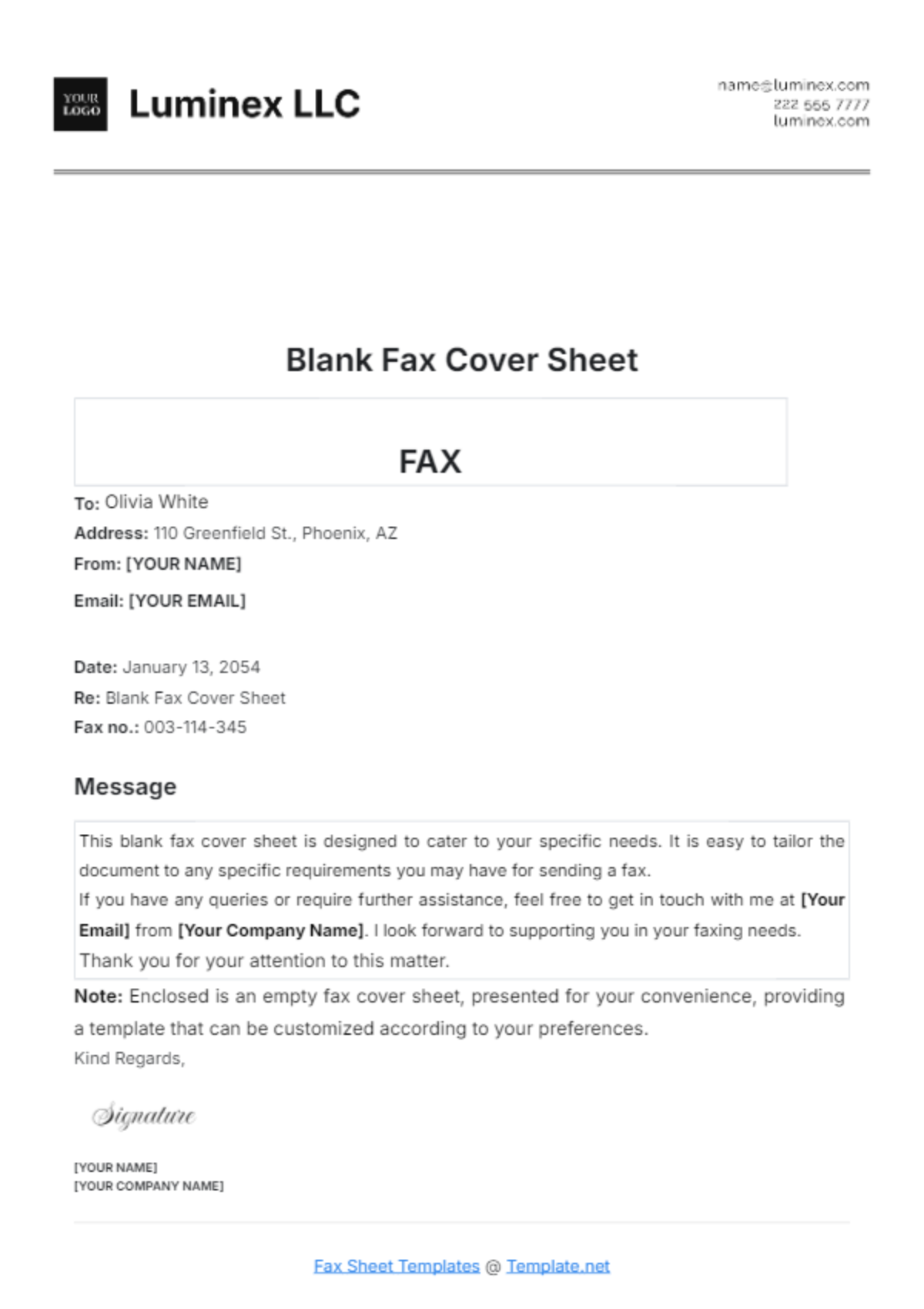 Blank Fax Cover Sheet Template