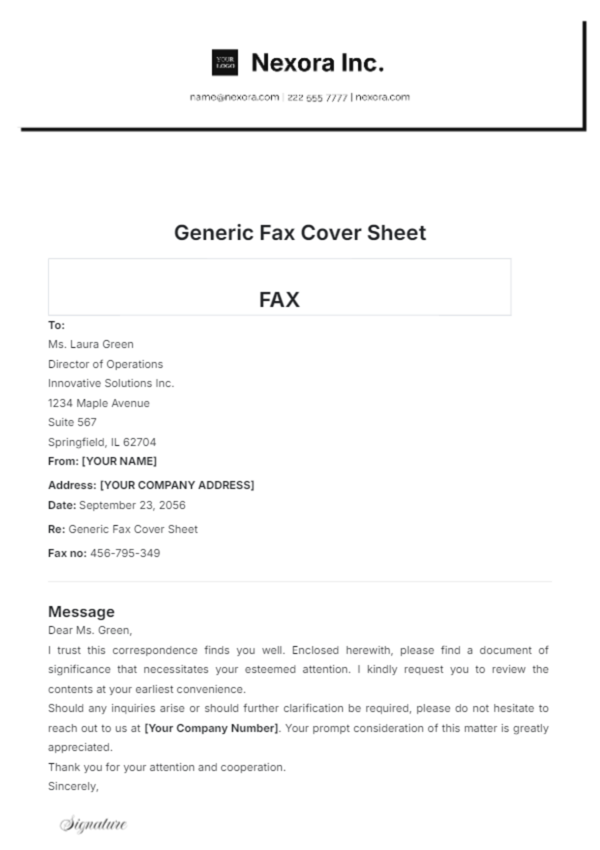 Generic Fax Cover Sheet Format Template - Edit Online & Download