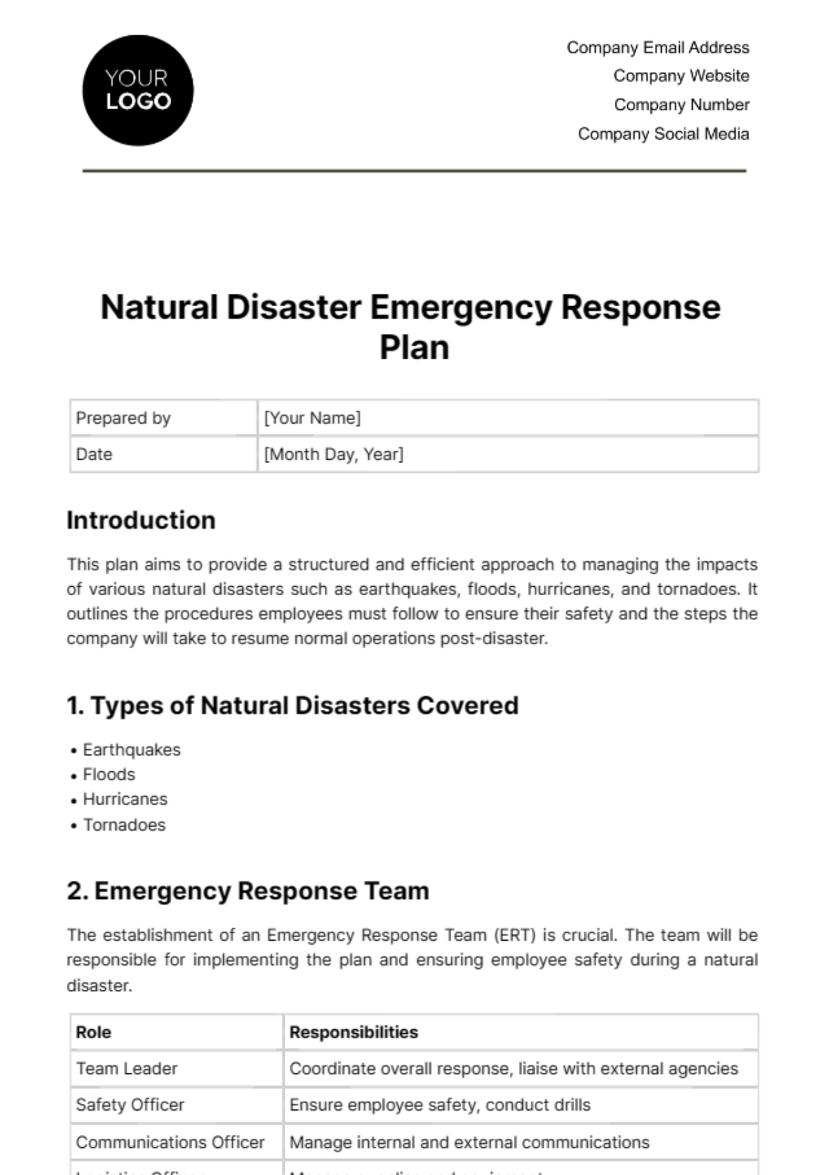 Free Natural Disaster Emergency Response Plan Template