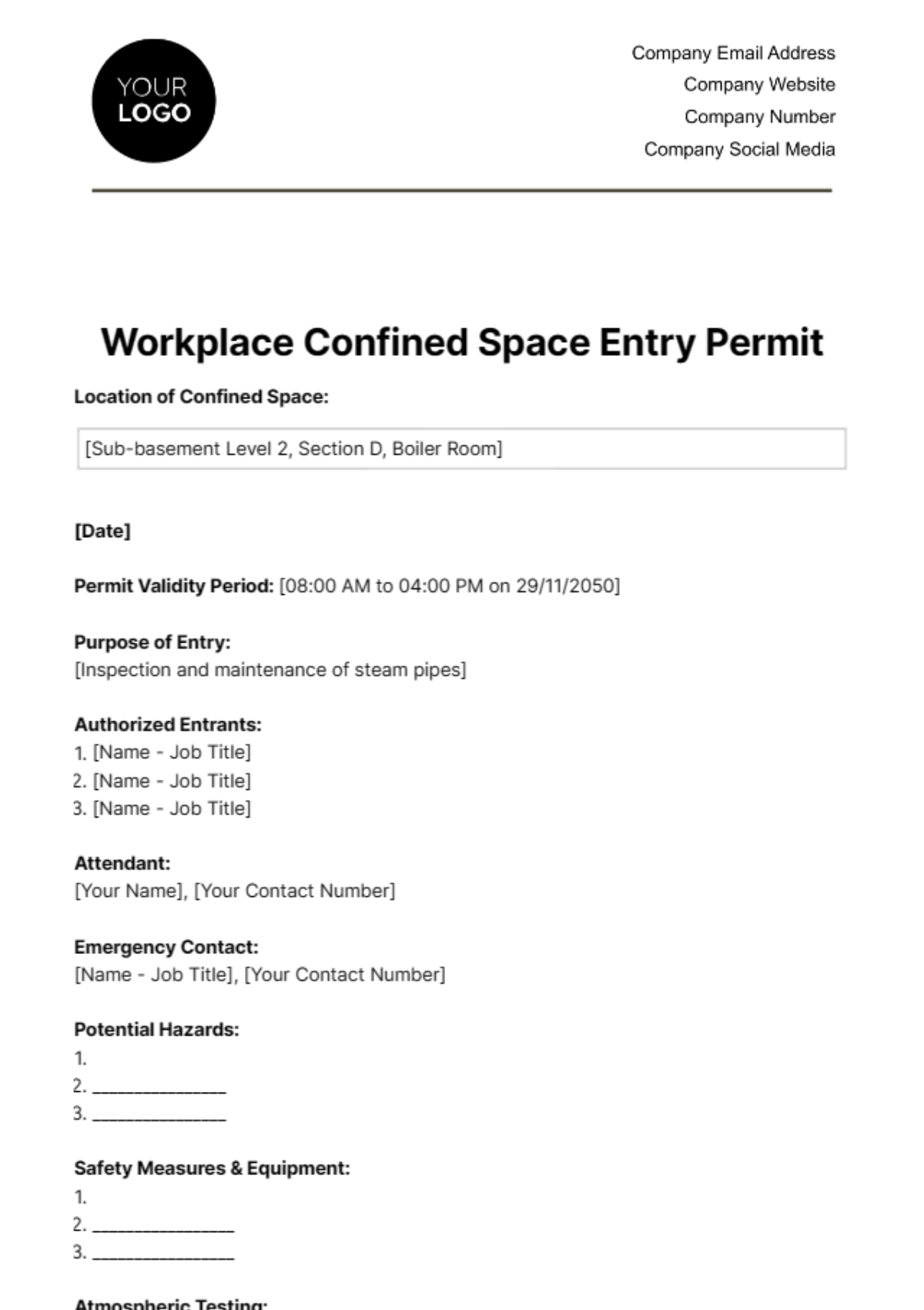 Workplace Confined Space Entry Permit Template